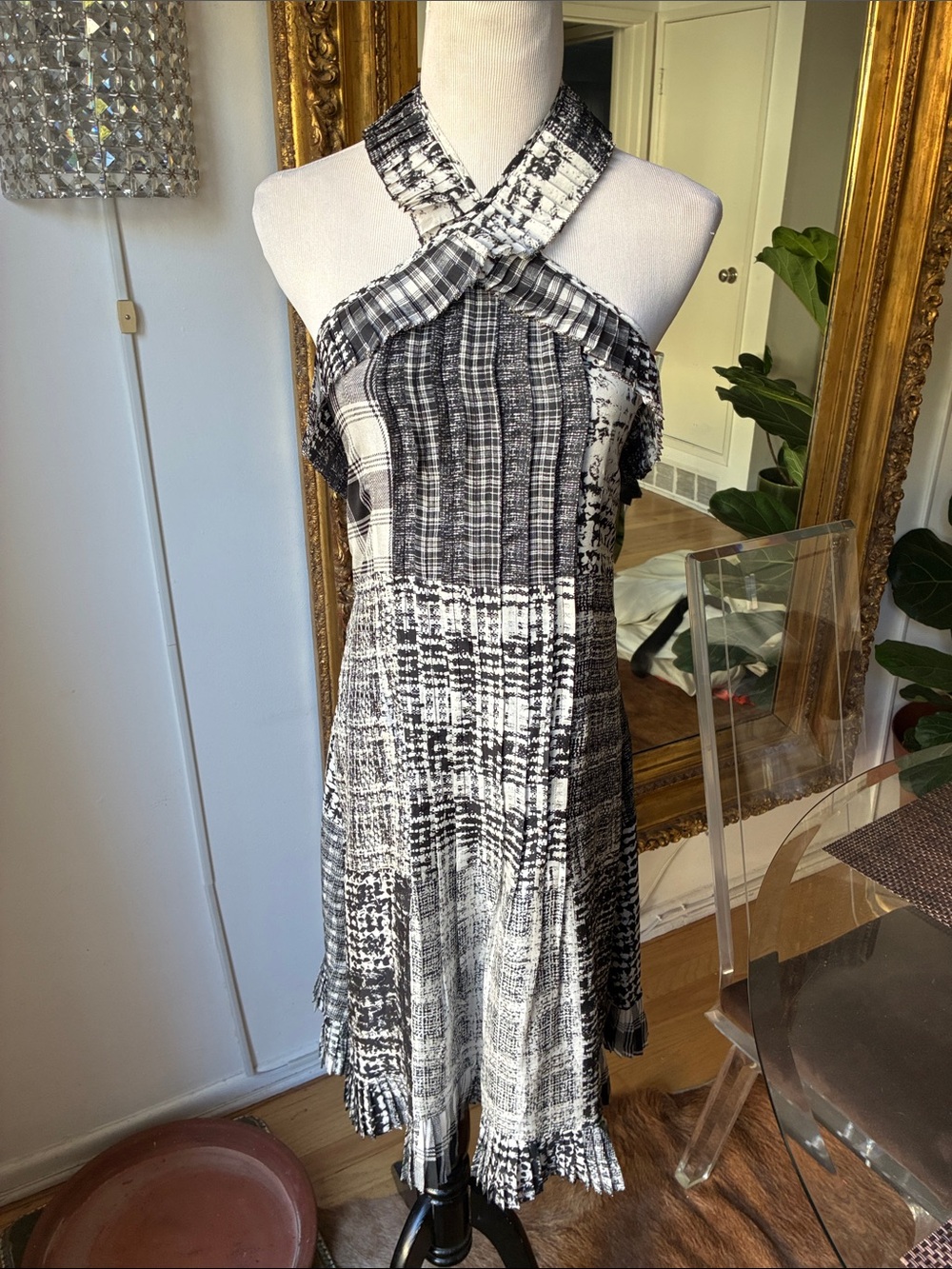 L’agence Black & White silk Halter Plaid Midi Dress small